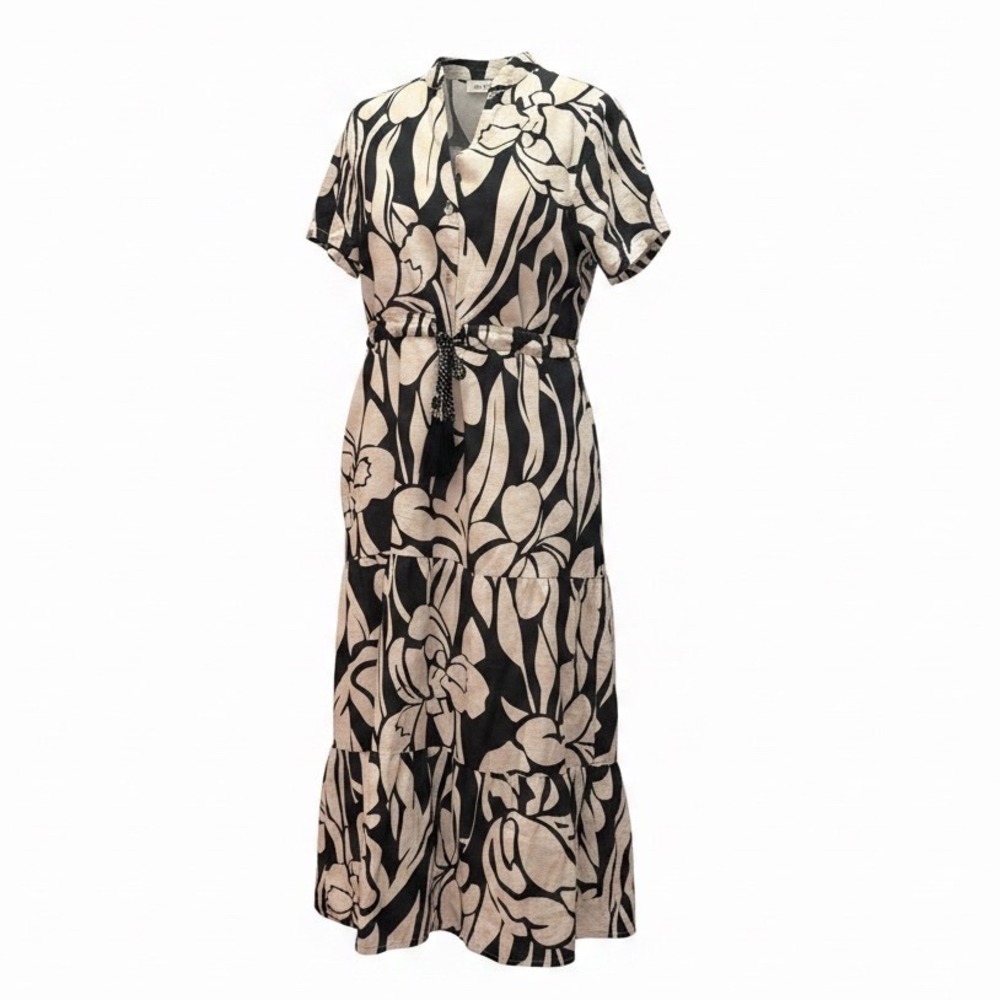 Francesca Bettini Italy Linen Cotton Floral Tiered Midi Dress  Size M Pickets